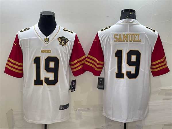 Men%27s San Francisco 49ers #19 Deebo Samuel White Gold Edition With 75TH Patch Limited Stitched Football Jersey